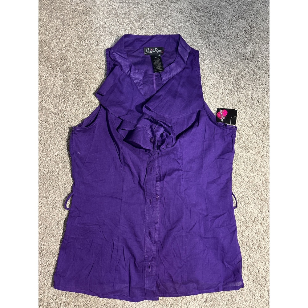 Y2K Susie Rose Royal Purple Ruffle Collar Sleeveless Cotton Blouse Medium
